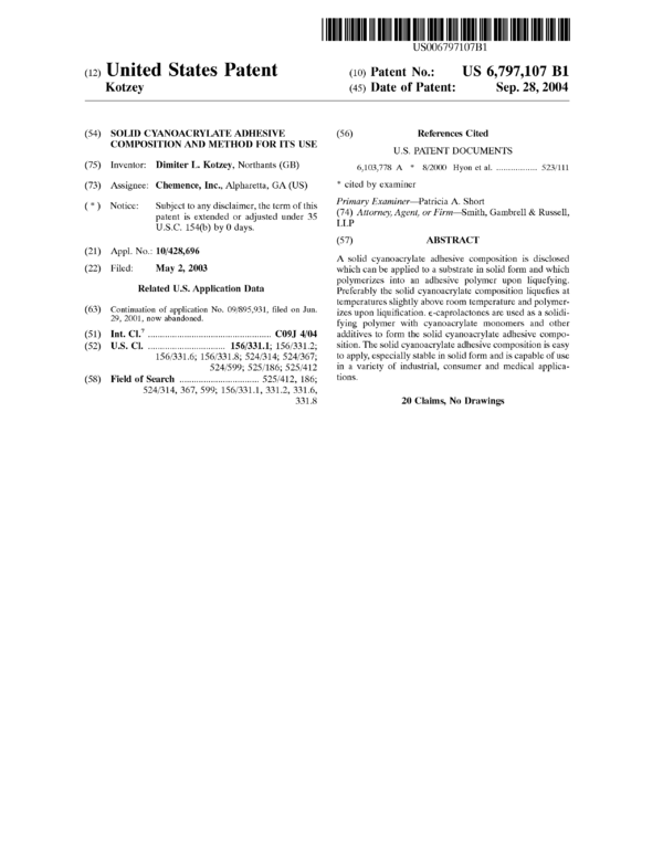 Solid Cyanoacrylate Adhesive Composition and Method for its Use Afinitica